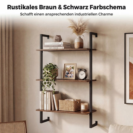 3-Tier Wall Shelf with Metal Frame – Rustic Brown