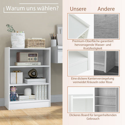 3-Tier White Bookshelf with Adjustable Shelves, 50x30x75 cm