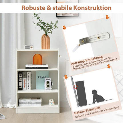 3-Tier White Bookshelf with Adjustable Shelves, 50x30x75 cm