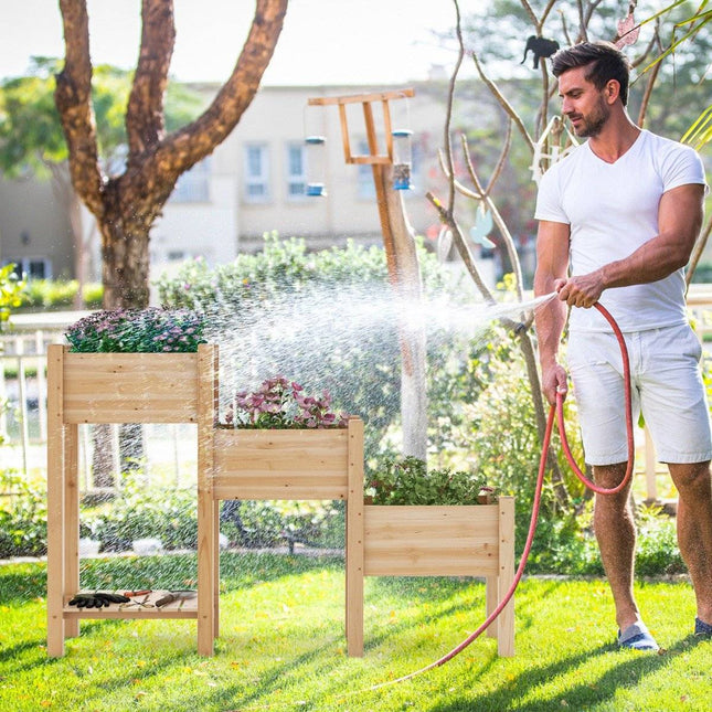 3 Tier Wooden Raised Bed with Drainage Holes Elevated Garden Bed Natural