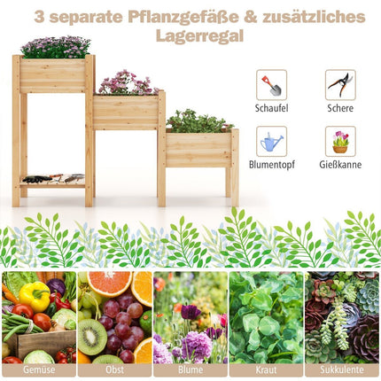 3 Tier Wooden Raised Bed with Drainage Holes Elevated Garden Bed Natural