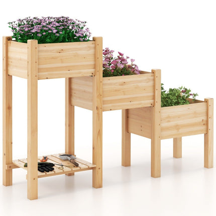 3 Tier Wooden Raised Bed with Drainage Holes Elevated Garden Bed Natural