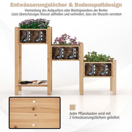 3 Tier Wooden Raised Bed with Drainage Holes Elevated Garden Bed Natural