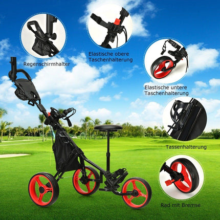 3-Wheel Adjustable Golf Cart with Seat, Red/Black
