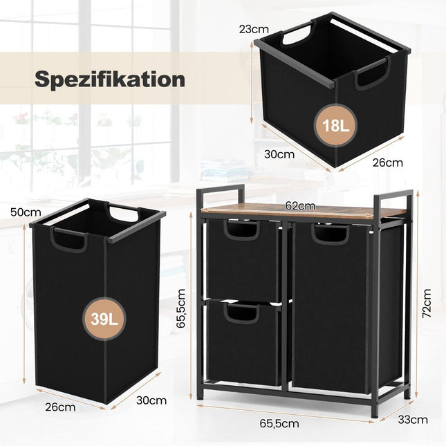 3-vaks wasmand met plank en 3 uitneembare vakken wasmand 66,5 x 33 x 72 cm