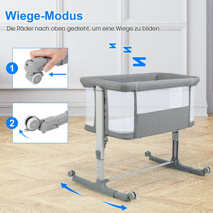 3-in-1 Baby Bed & Cradle with Mattress, Portable, Grey