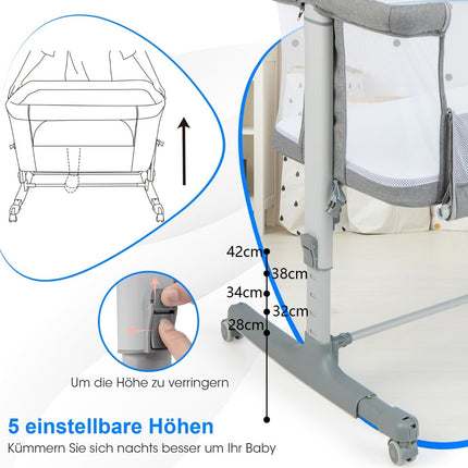 3-in-1 Baby Bed & Cradle with Mattress, Portable, Grey