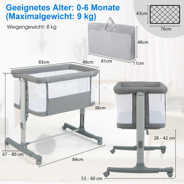 3-in-1 Baby Bed & Cradle with Mattress, Portable, Grey