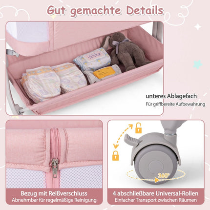 3-in-1 Baby Crib with Mattress, Adjustable Height, Pink