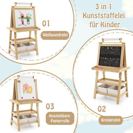 3 in 1 Children's Easel Double-Sided Whiteboard & Chalkboard & Drawing Paper Natural