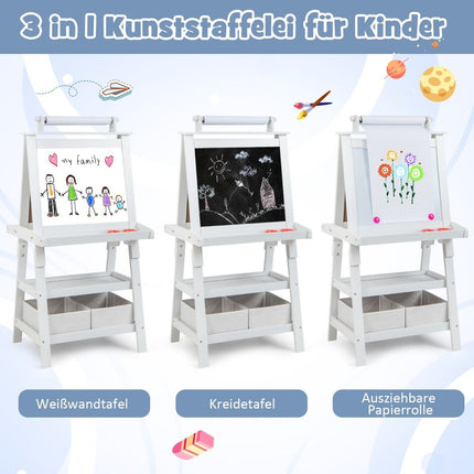 3 in 1 Children's Easel Double-Sided Whiteboard & Chalkboard & Drawing Paper Standing Board White