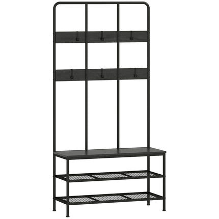 3-in-1 Coat Rack with Bench and Shoe Shelf, Black Metal