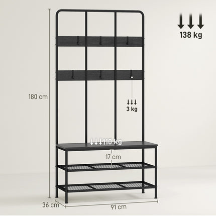 3-in-1 Coat Rack with Bench and Shoe Shelf, Black Metal