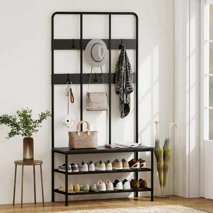 3-in-1 Coat Rack with Bench and Shoe Shelf, Black Metal