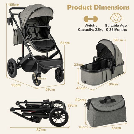 3-in-1 Convertible Baby Stroller, Folding Bassinet, Gray