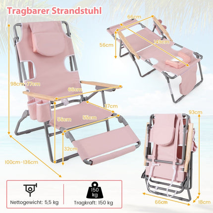 3-in-1 Folding Beach Chair with Footrest & Cushion