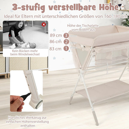 3 in 1 Folding Changing Table with Wheels &amp; Trash Can Mobile Changing Table Changing Station Beige