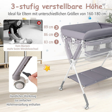 3 in 1 Folding Changing Table with Wheels &amp; Trash Can Mobile Changing Table Changing Station Gray