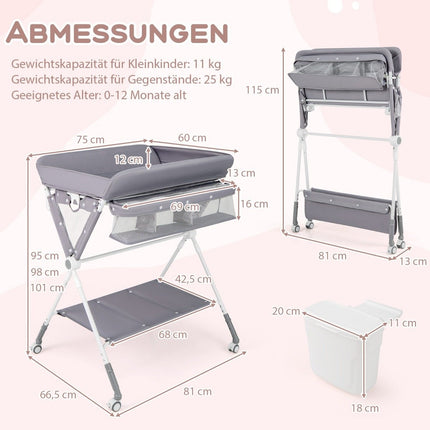 3 in 1 Folding Changing Table with Wheels &amp; Trash Can Mobile Changing Table Changing Station Gray
