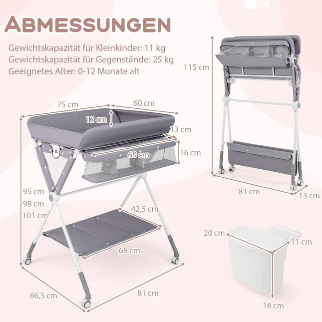 3 in 1 Folding Changing Table with Wheels &amp; Trash Can Mobile Changing Table Changing Station Gray