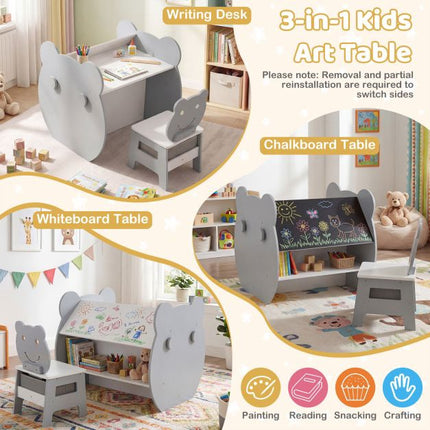 3-in-1 Kids Art Table with Storage and Bear Chair