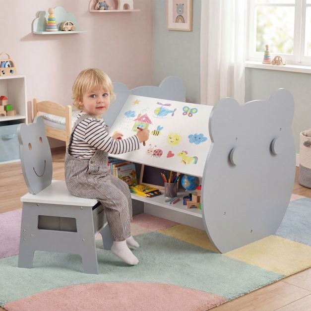 3-in-1 kindertekentafel met opbergruimte en berenstoel