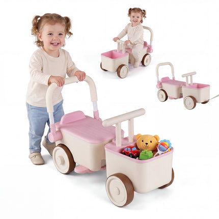 3-in-1 Kids Ride-On Car with Storage Basket – Pink