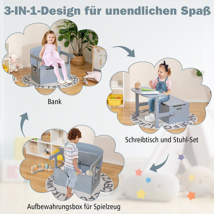3-in-1 Kids Table Set with Storage, Wood, Gray