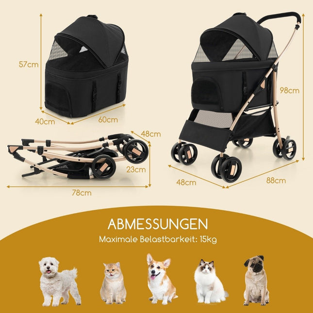 3-in-1 Pet Stroller, Foldable, Up to 15 kg, Black