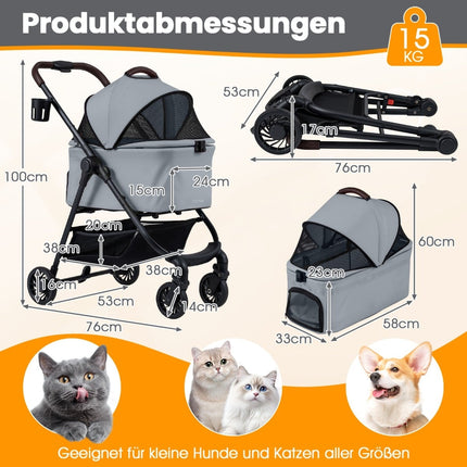 3-in-1 Pet Stroller with Detachable Carrier, Grey