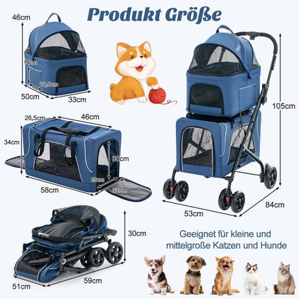3-in-1 Pet Stroller with Mesh Windows & Storage, Blue