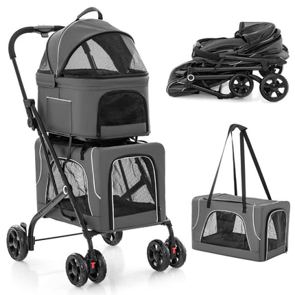3-in-1 Pet Stroller with Mesh Windows and Storage, Gray