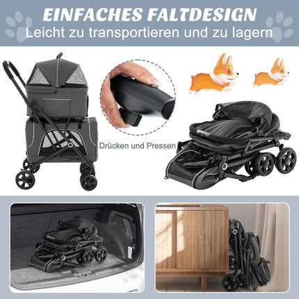 3-in-1 Pet Stroller with Mesh Windows and Storage, Gray