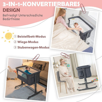 3-in-1 Portable Baby Crib with Adjustable Height & Mesh