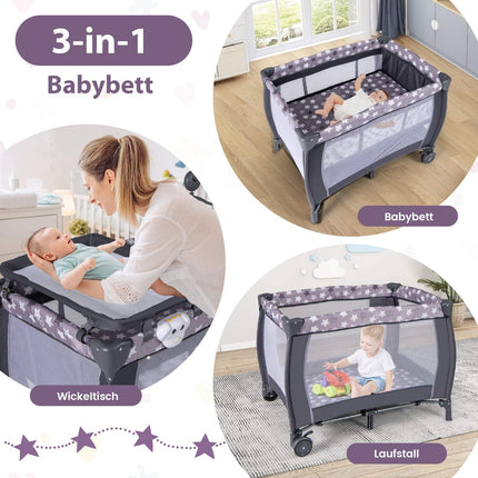 3-in-1 Portable Baby Crib with Mattress & Toys, Grey