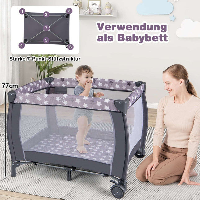 3-in-1 Portable Baby Crib with Mattress & Toys, Grey