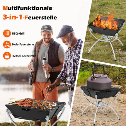 3-in-1 Portable Fire Pit with Stainless Grates & Bag