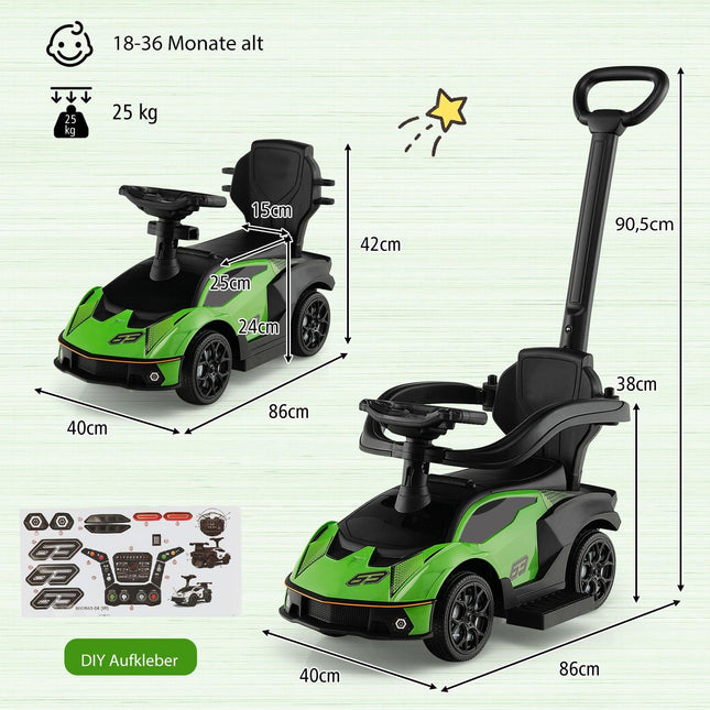 3-in-1 Toddler Ride-On Car with Push Handle, Green
