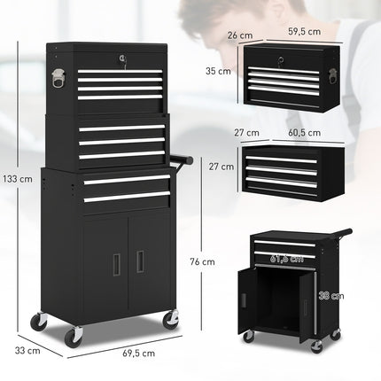 3-in-1 Tool Chest, Lockable, 9 Drawers, Steel, Black