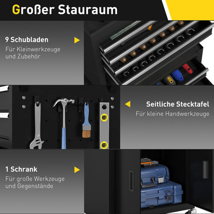 3-in-1 Tool Chest, Lockable, 9 Drawers, Steel, Black