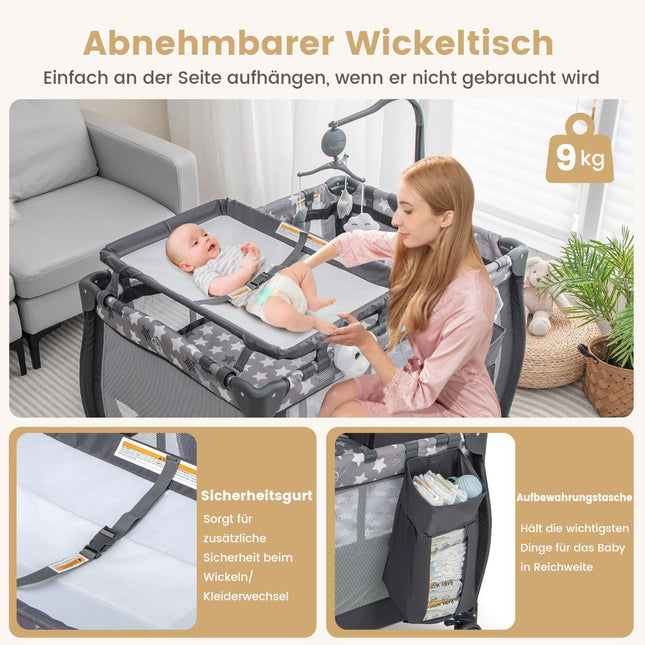3-in-1 Travel Crib with Bassinet, Changer, Wheels – Dark Gray