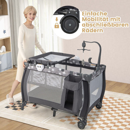3-in-1 Travel Crib with Bassinet, Changer, Wheels – Dark Gray