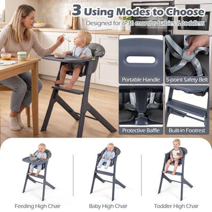 3-in-1 Washable Baby High Chair with Tray & Footrest, Gray