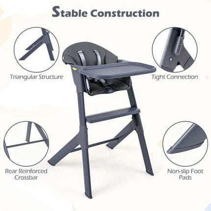 3-in-1 Washable Baby High Chair with Tray & Footrest, Gray