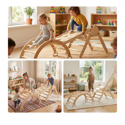 3-in-1 Wooden Climbing Frame with Slide and Arch