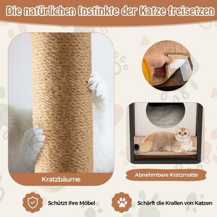 3 in 1 cat house & scratching post & side table cat cave with removable scratching mat & ball brown