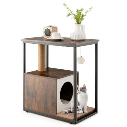 3 in 1 cat house & scratching post & side table cat cave with removable scratching mat & ball brown