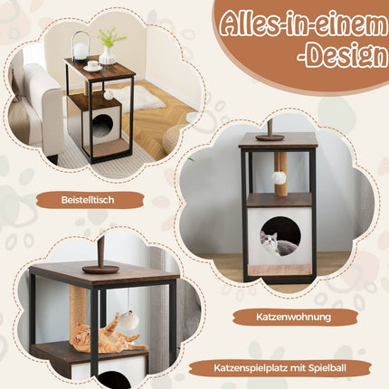 3 in 1 cat house & scratching post & side table cat cave with removable scratching mat & ball brown