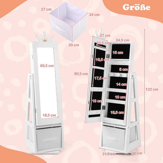 3 in 1 children's jewelry cabinet with full-length mirror & storage basket jewelry rack white