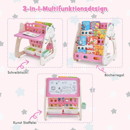 3 in 1 children's seating group & blackboard & bookcase with 3 storage boxes & stool pink